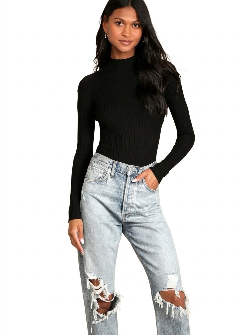 Women's Black Long-Sleeve Mock Neck Bodysuit
